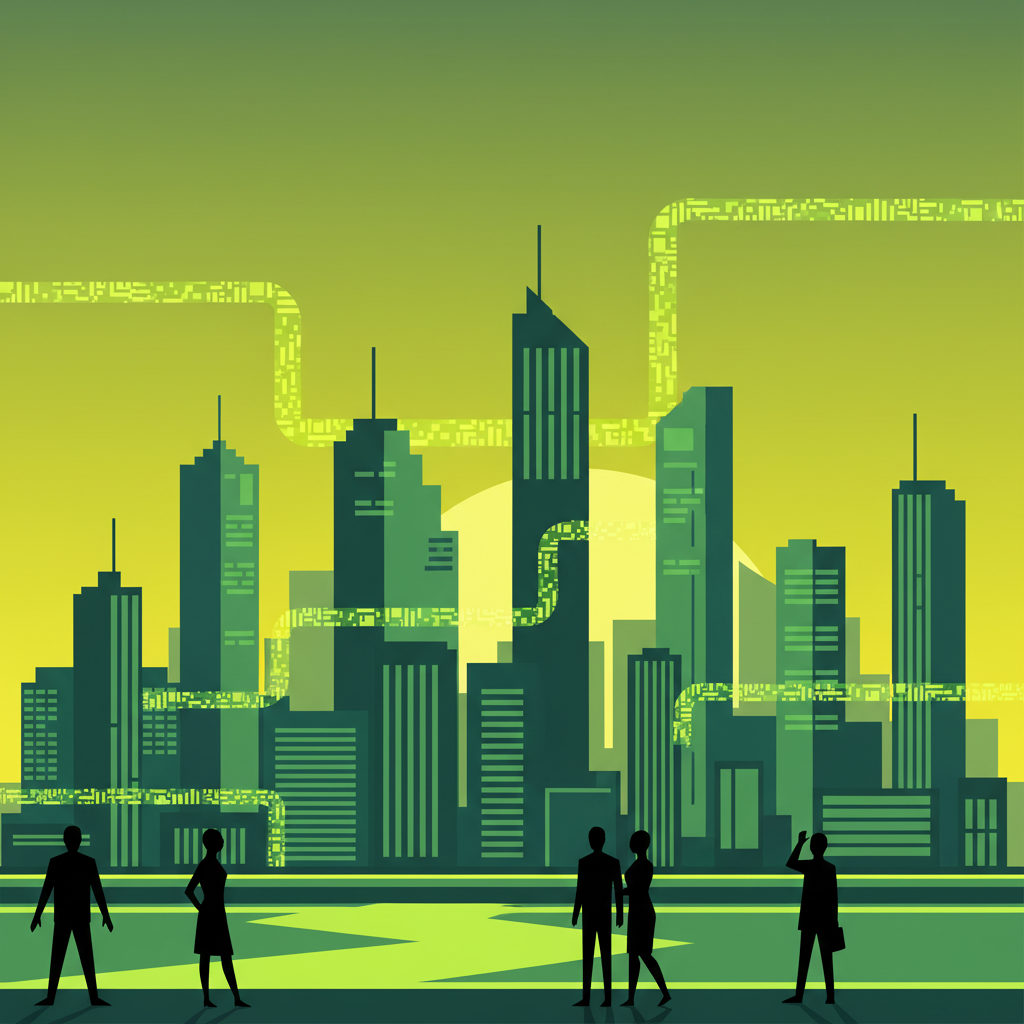 Abstract digital landscape with data streams and city